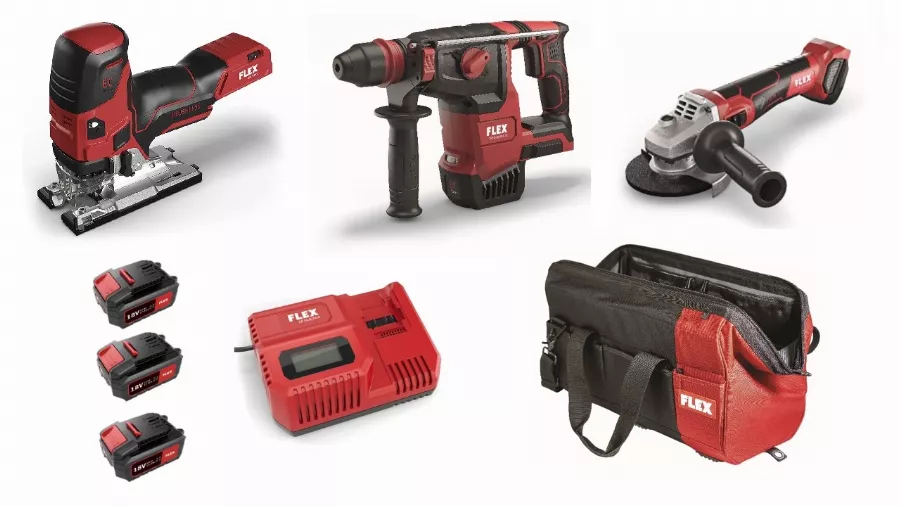 Lot 18V FLEX - Scie Sauteuse + Perforateur + Meuleuse - 3 Batteries + Chargeur + Accessoires 3 Lot 18V FLEX - Scie Sauteuse + Perforateur + Meuleuse - 3 Batteries + Chargeur + Accessoires