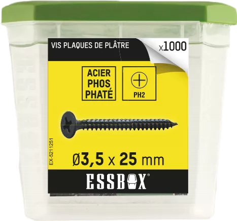 Vis ESSBOX SCELL-IT Plaque De Plâtre - Ø3,5 Mm X 25 Mm - Boite De 1000 - EX-5211251 3 Vis ESSBOX SCELL-IT Plaque De Plâtre - Ø3,5 Mm X 25 Mm - Boite De 1000 - EX-5211251