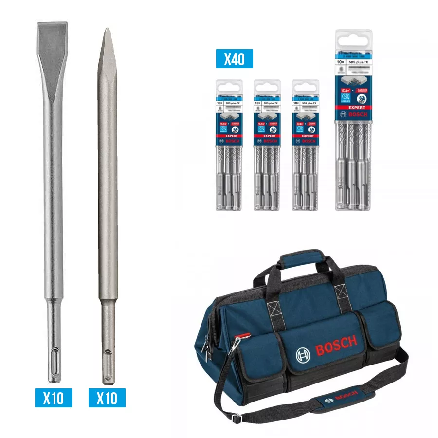 Kit Construction BOSCH 40 Mèches SDS Plus 7X + 20 Burins + 1 Sac Pro - 061599760X 3 Kit Construction BOSCH 40 Mèches SDS Plus 7X + 20 Burins + 1 Sac Pro - 061599760X